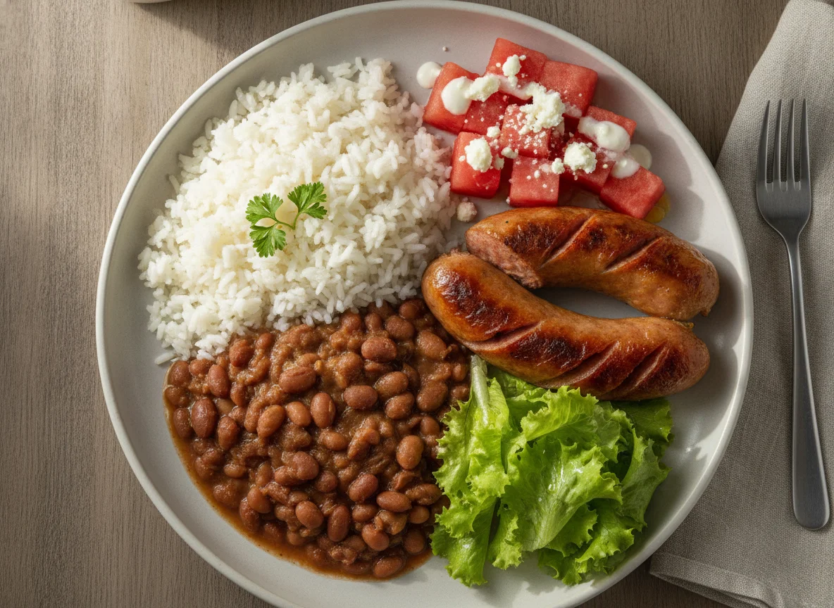 Prato feito brasileiro com arroz, feijão, linguiça, salada e melancia photo