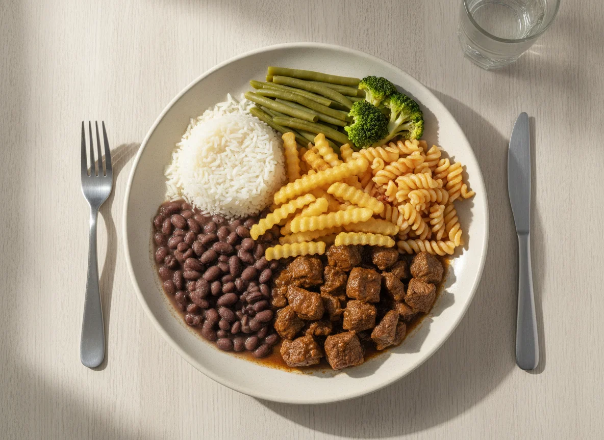 Prato feito brasileiro com arroz, feijão, macarrão, batata frita e carne photo