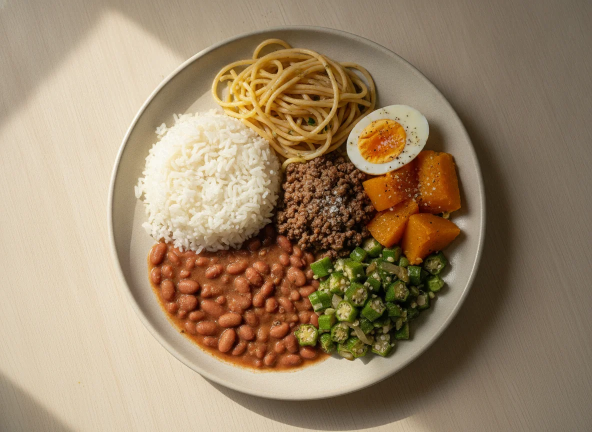 Prato feito brasileiro com arroz, feijão, macarrão, carne moída, ovo e abóbora photo