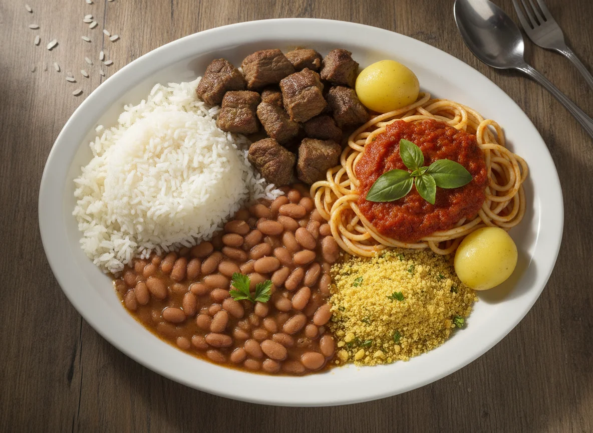 Prato Feito Brasileiro com Arroz, Feijão, Macarrão, Carne e Farofa photo