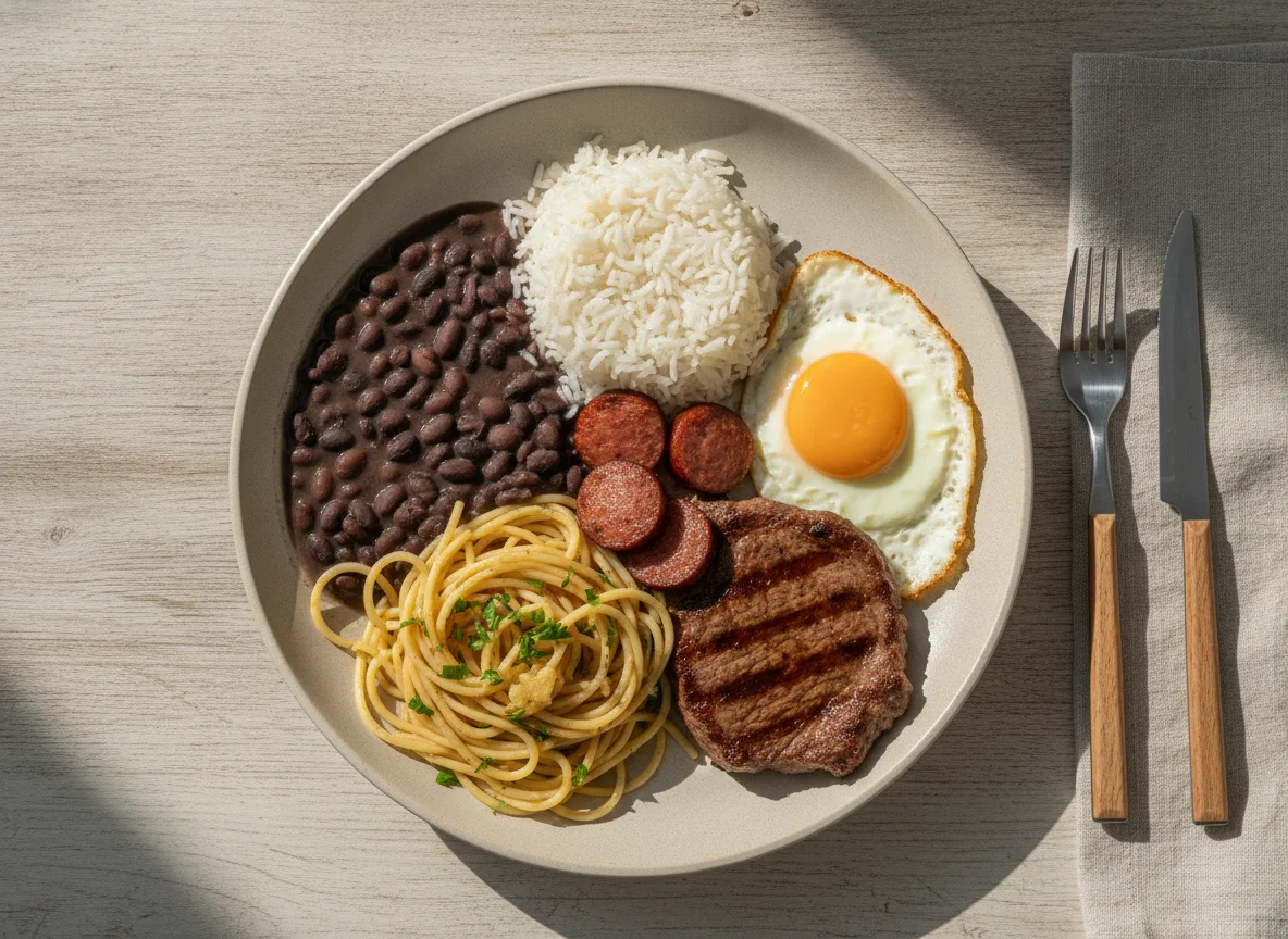 Prato Feito Brasileiro com Arroz, Feijão, Macarrão, Carne e Ovo photo
