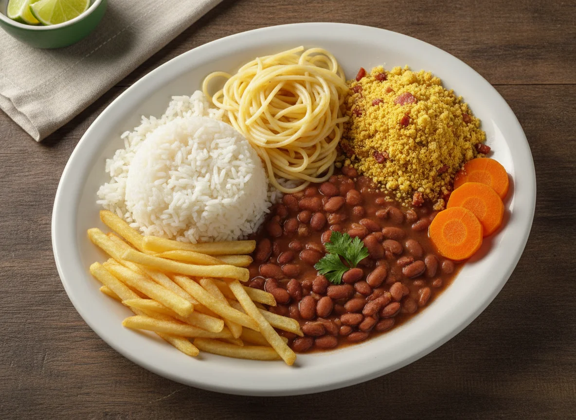 Prato feito brasileiro com arroz, feijão, macarrão e farofa photo