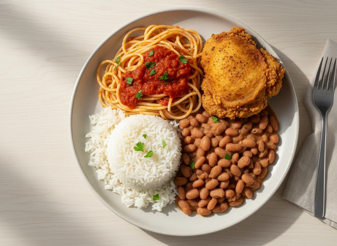 Prato feito brasileiro com arroz, feijão, macarrão e frango photo