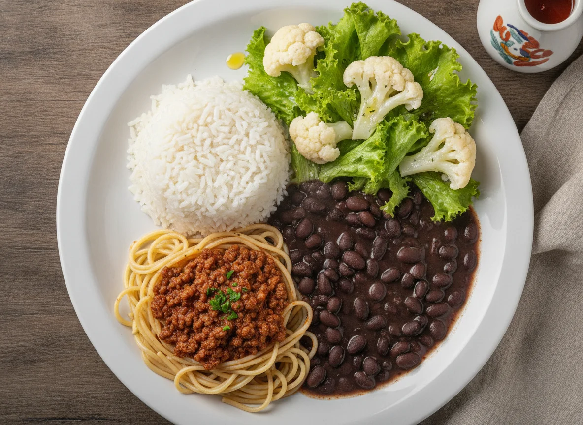 Prato Feito Brasileiro com Arroz, Feijão, Macarrão e Salada photo