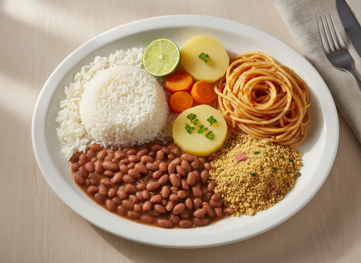 Prato feito brasileiro com arroz, feijão, macarrão, farofa e batata cozida photo