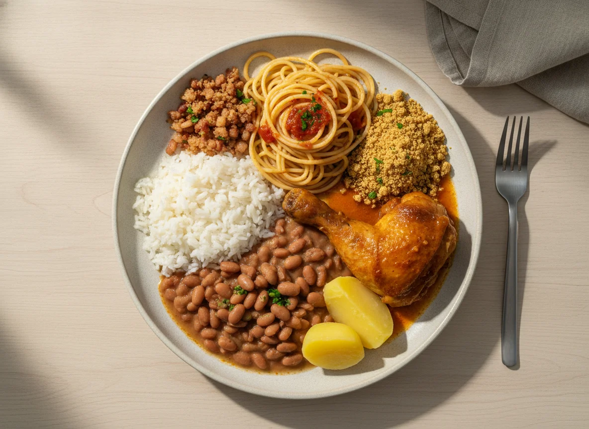 Prato feito brasileiro com arroz, feijão, macarrão, frango e farofa photo