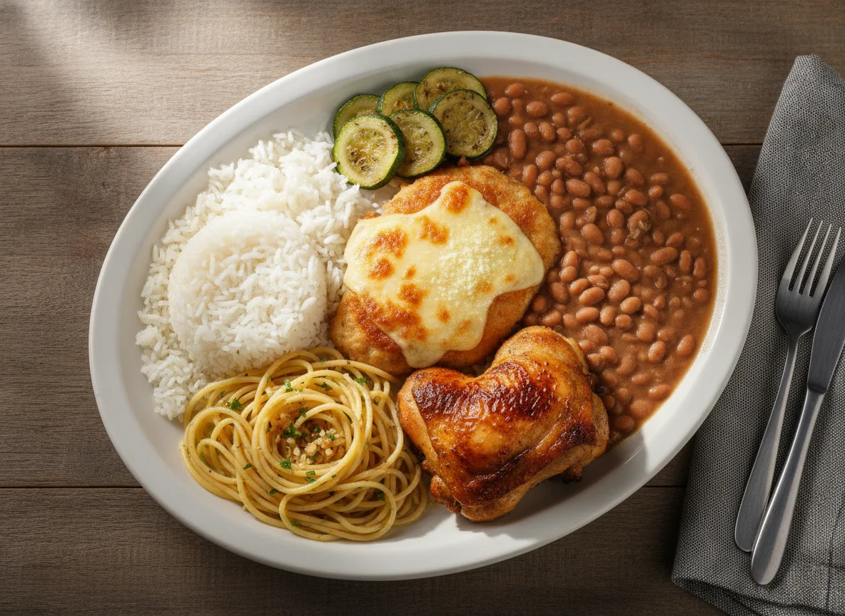 Prato feito brasileiro com arroz, feijão, macarrão, frango e abobrinha photo