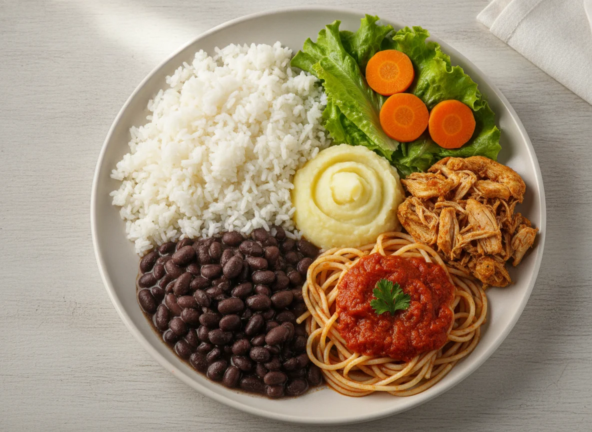 Prato feito brasileiro com arroz, feijão, macarrão, frango desfiado e salada photo