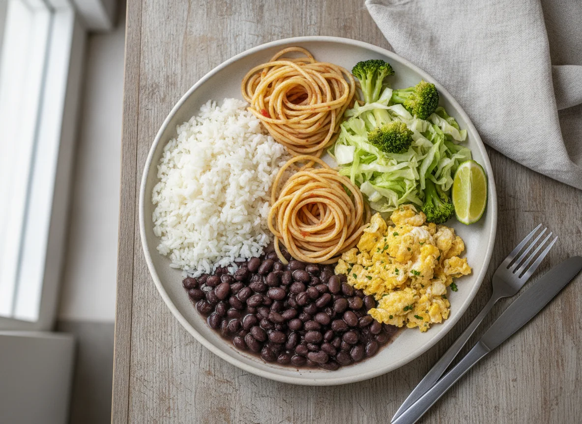 Prato feito brasileiro com arroz, feijão, macarrão, ovo e salada photo