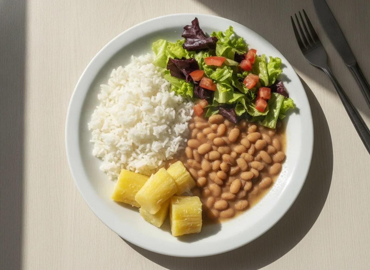 Prato feito brasileiro com arroz, feijão, mandioca e salada photo