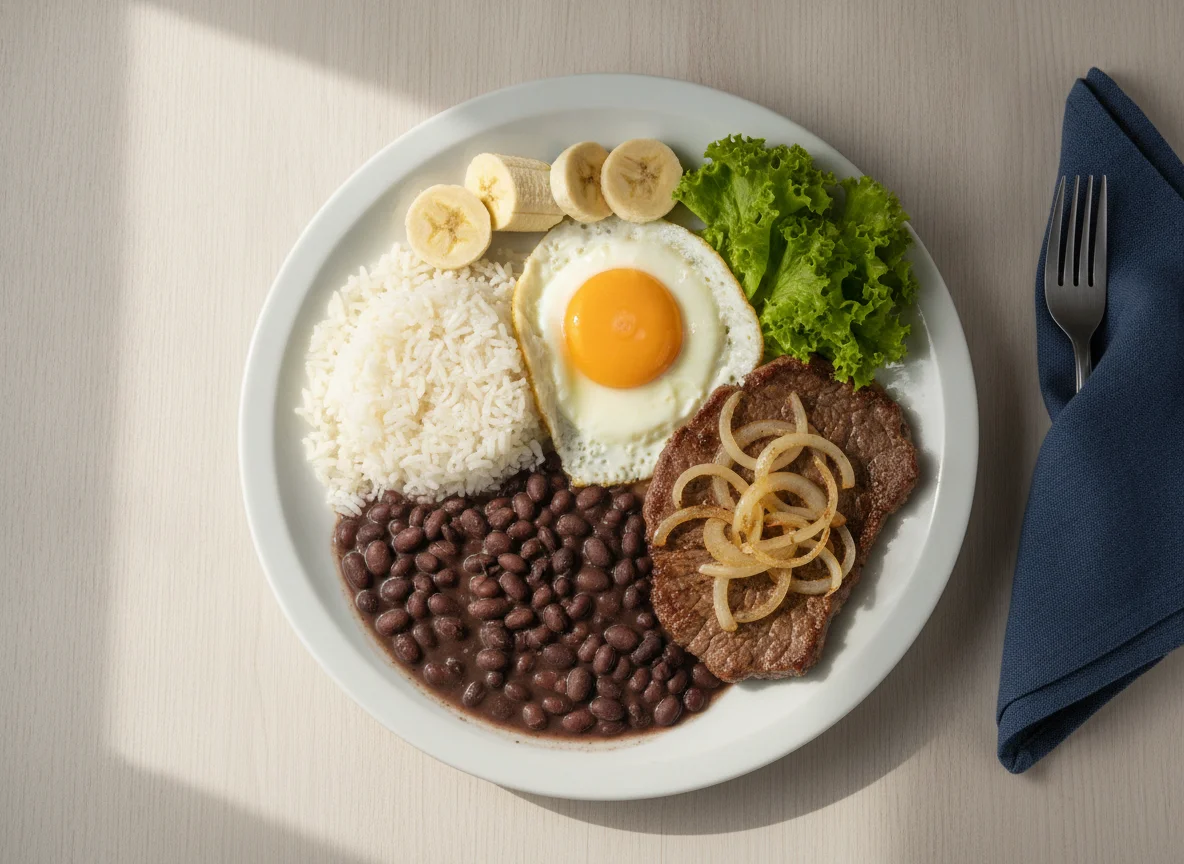 Prato feito brasileiro com arroz, feijão, ovo, banana e bife photo