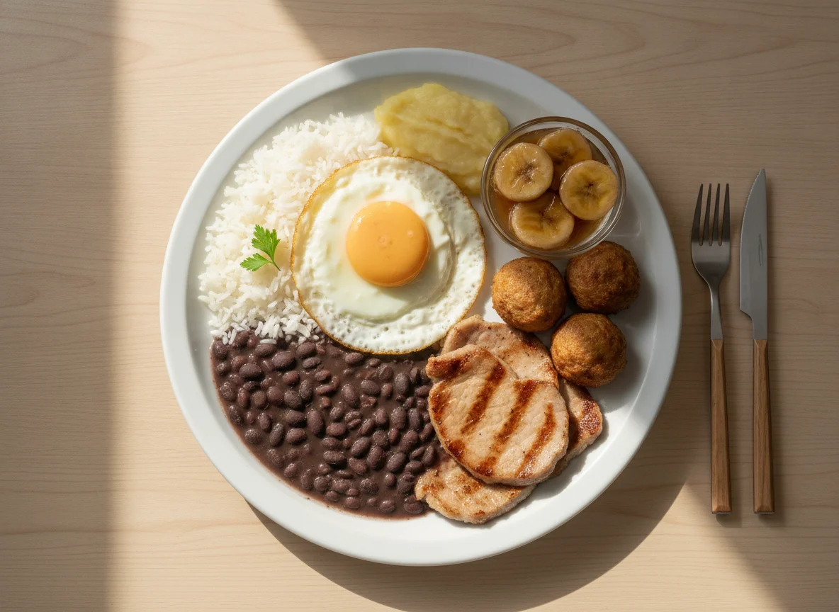 Prato Feito Brasileiro com Arroz, Feijão, Ovo, Carne e Banana photo