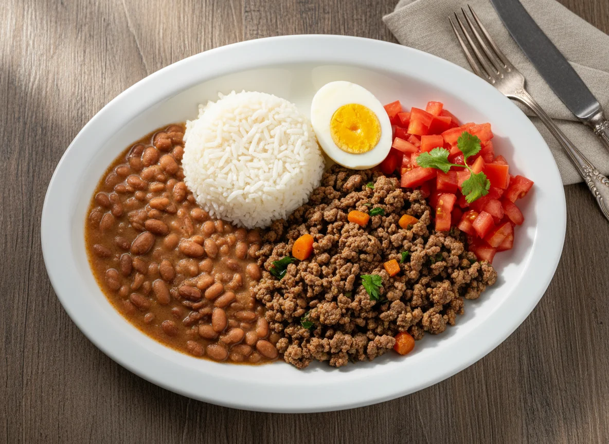Prato feito brasileiro com arroz, feijão, ovo cozido, carne moída e tomate photo