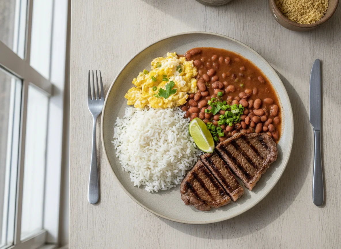 Prato feito brasileiro com arroz, feijão, ovo e carne photo