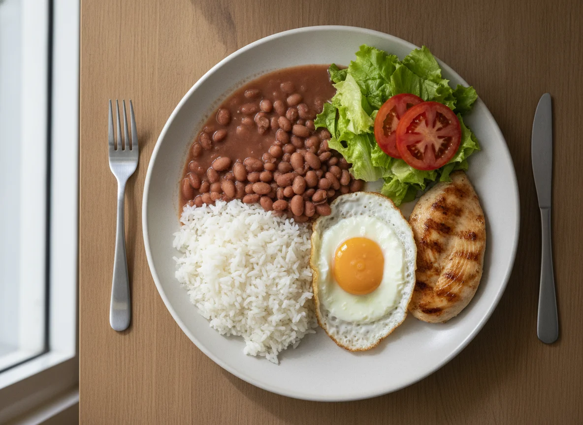 Prato feito brasileiro com arroz, feijão, ovo e frango photo