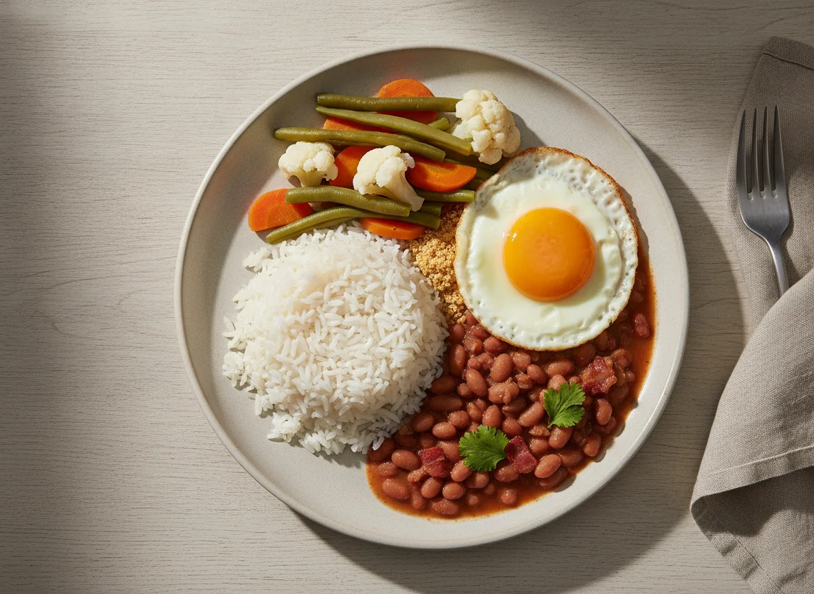 Prato feito brasileiro com arroz, feijão, ovo e legumes photo