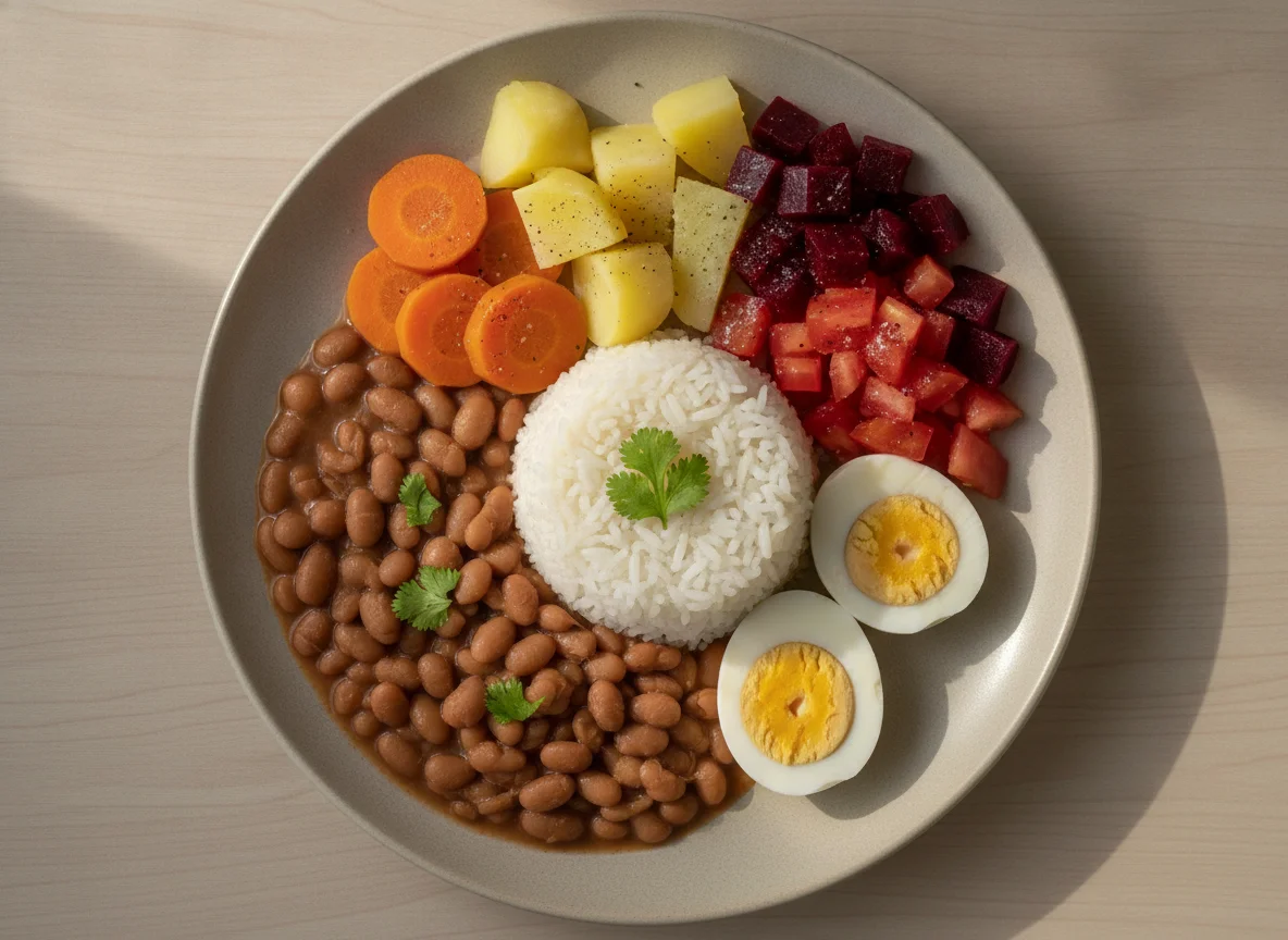 Prato feito brasileiro com arroz, feijão, ovo e salada photo