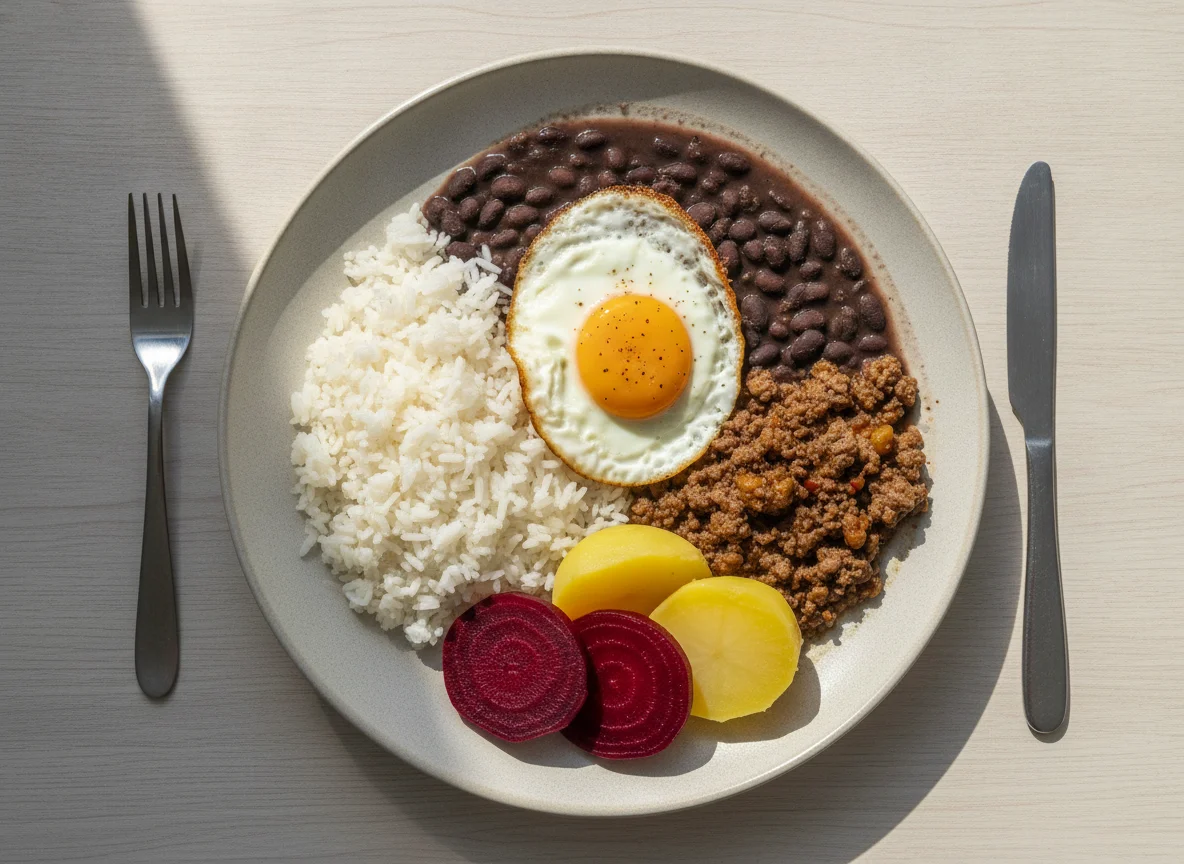 Prato feito brasileiro com arroz, feijão, ovo frito, batata e beterraba photo