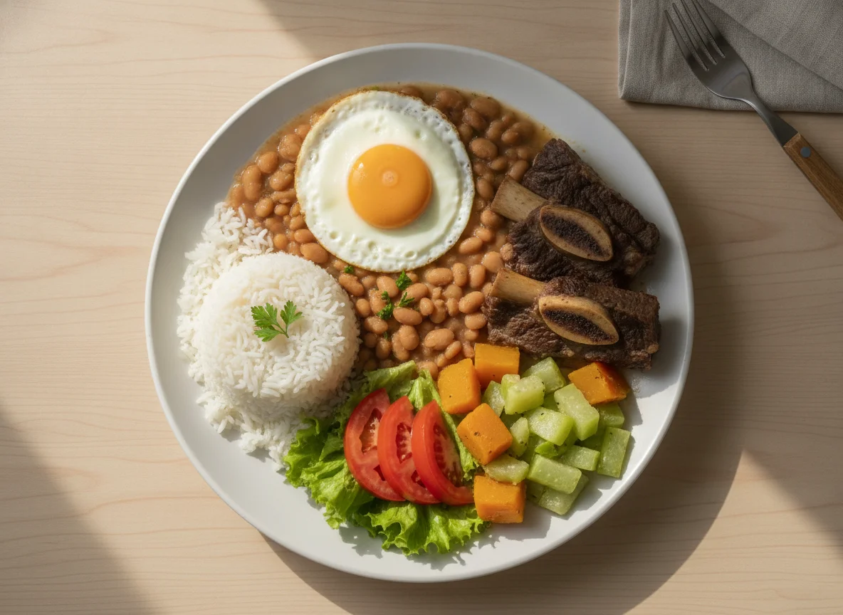 Prato feito brasileiro com arroz, feijão, ovo frito e carne photo
