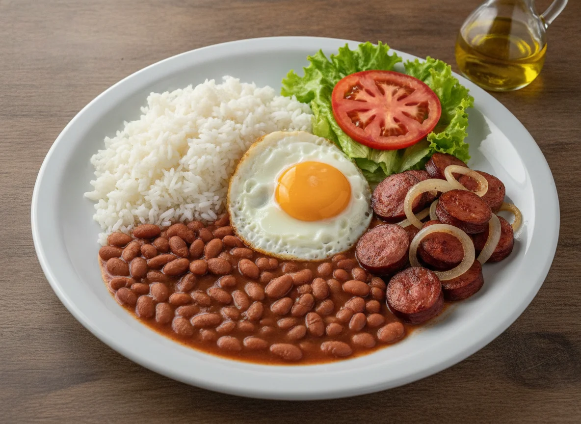 Prato feito brasileiro com arroz, feijão, ovo, linguiça e salada photo