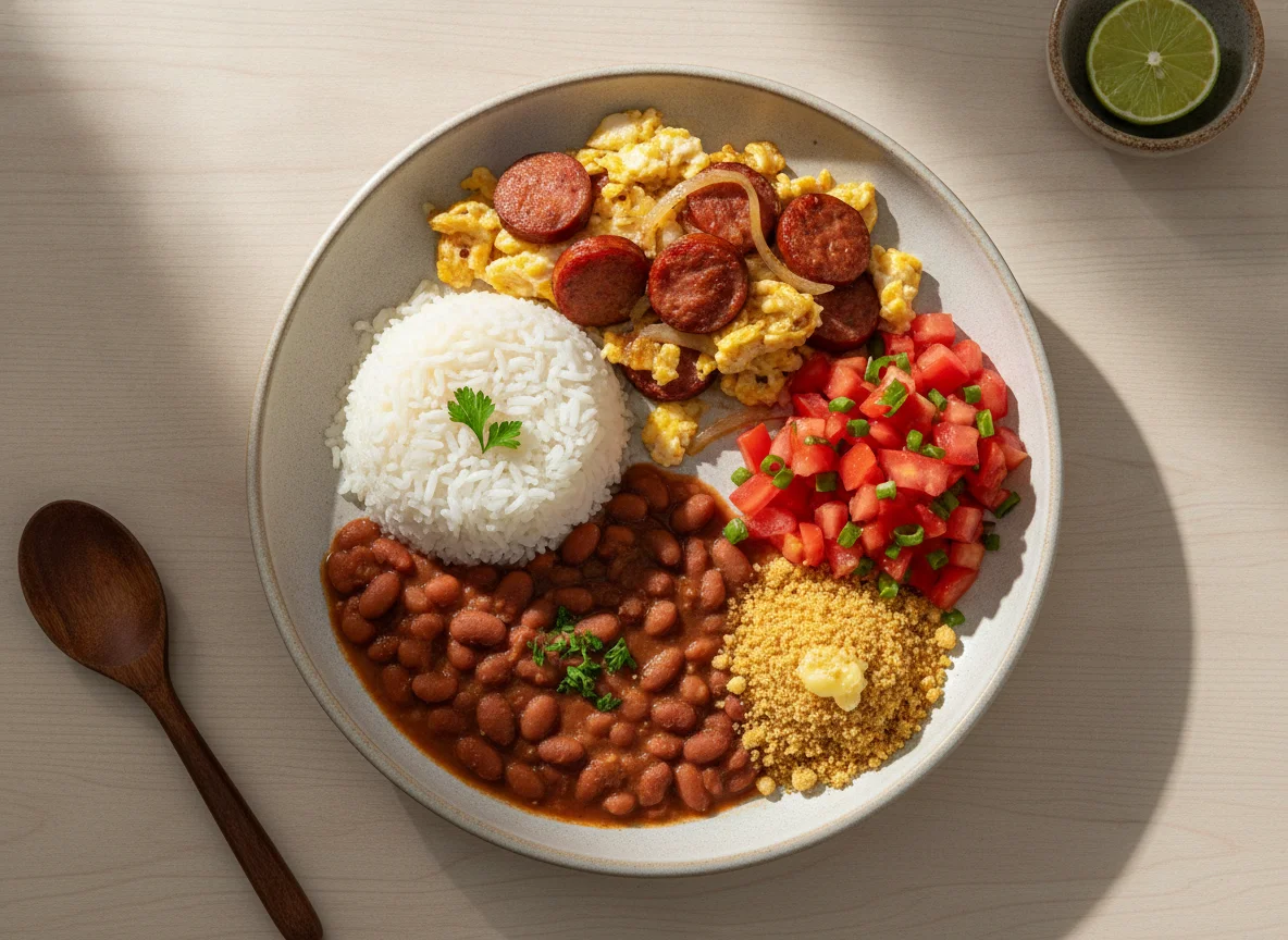 Prato feito brasileiro com arroz, feijão, ovos com linguiça e salada de tomate photo