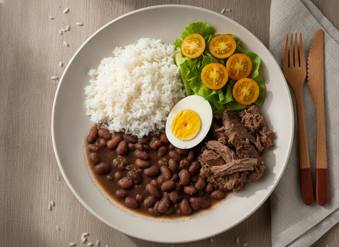 Prato feito brasileiro com arroz, feijão, ovos cozidos e salada photo