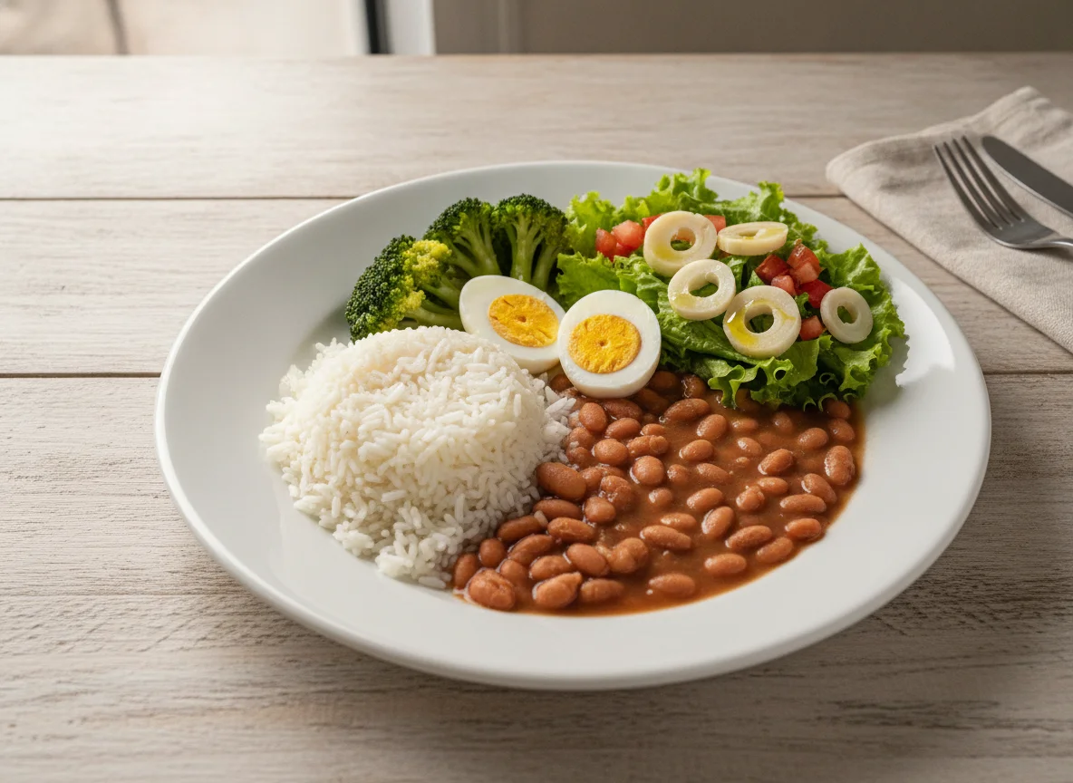 Prato feito brasileiro com arroz, feijão, ovos cozidos, brócolis e salada photo