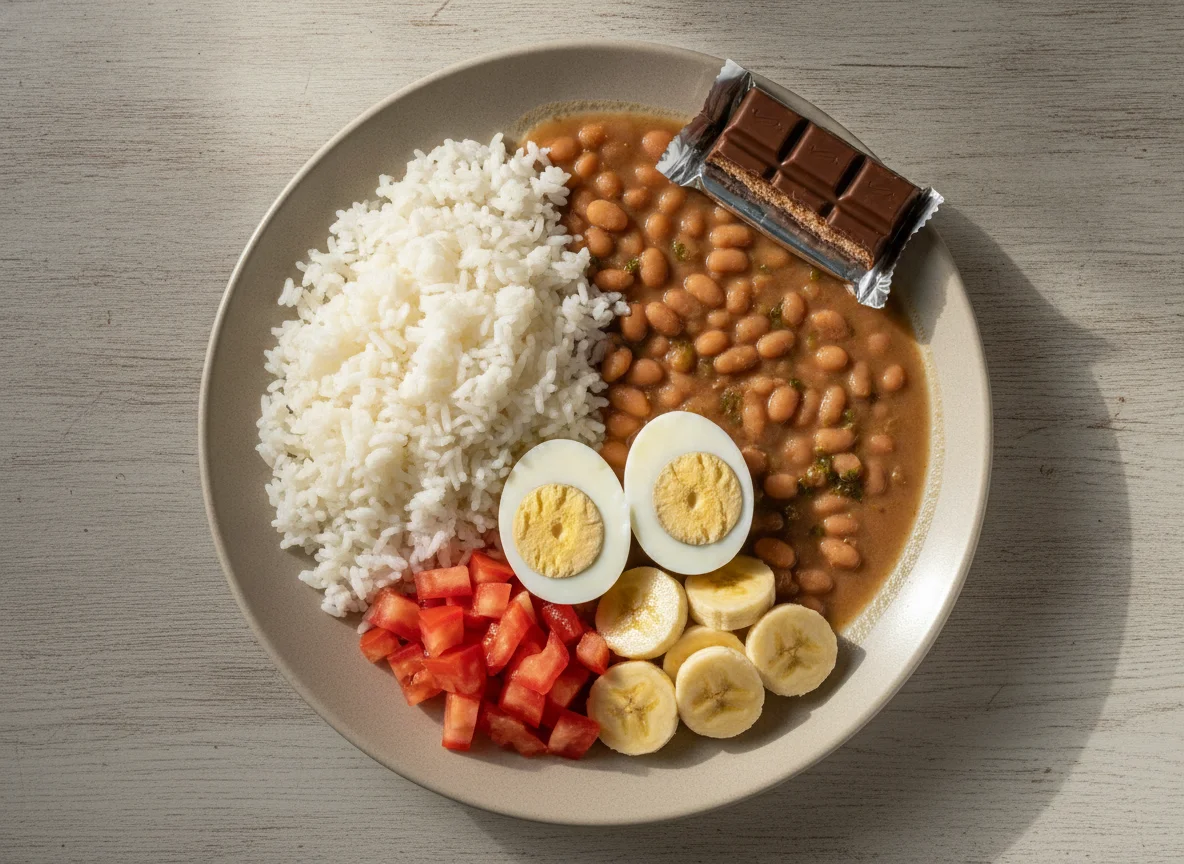Prato feito brasileiro com arroz, feijão, ovos, salada de tomate e banana photo