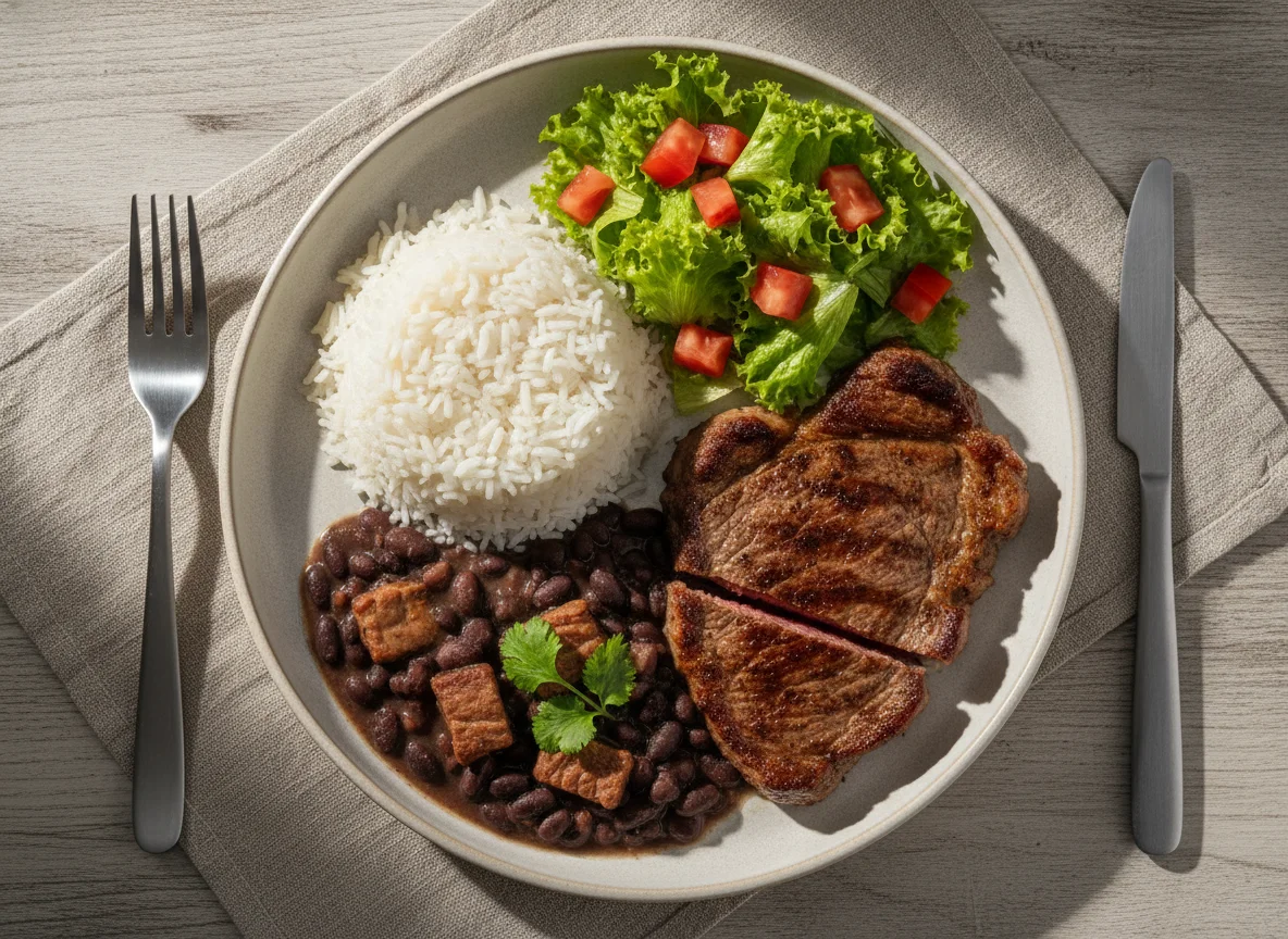 Prato feito brasileiro com arroz, feijão preto, bife e salada photo