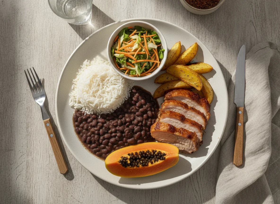 Prato Feito Brasileiro com Arroz, Feijão Preto, Carne Assada, Batatas e Mamão photo