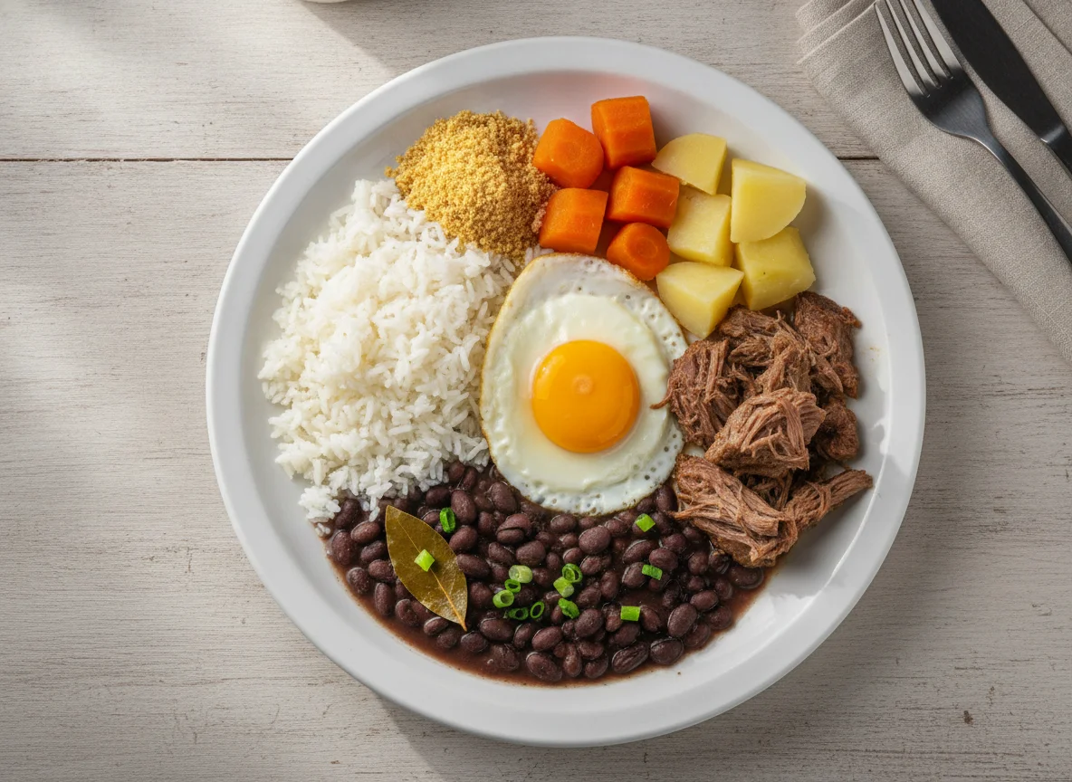 Prato feito brasileiro com arroz, feijão preto, carne cozida e ovo frito photo