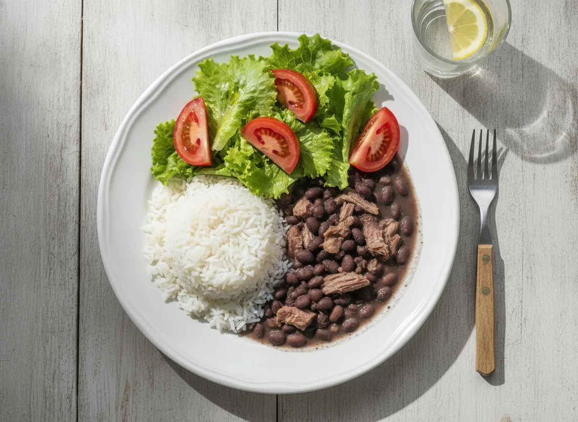 Prato feito brasileiro com arroz, feijão preto, carne de porco e salada photo