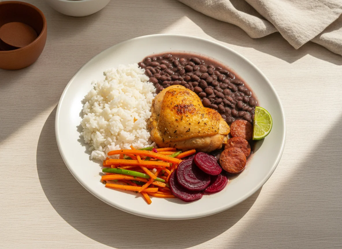 Prato feito brasileiro com arroz, feijão preto, frango, cenoura e beterraba photo