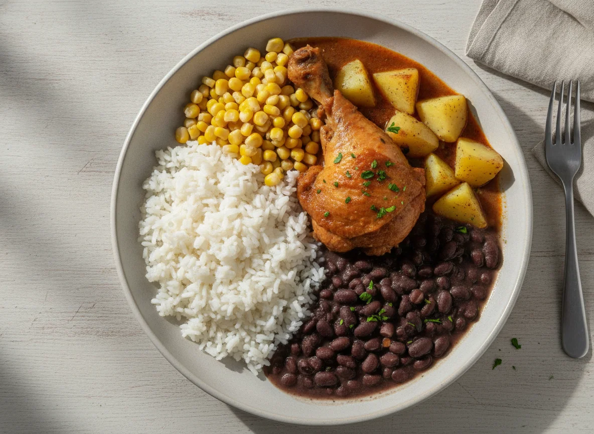 Prato feito brasileiro com arroz, feijão preto, frango ensopado, milho e batata photo