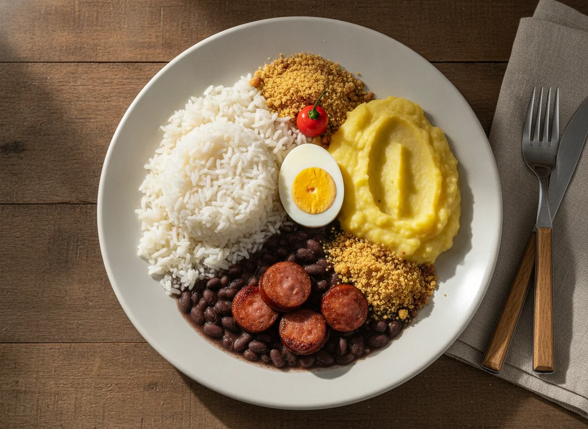 Prato feito brasileiro com arroz, feijão preto, ovo cozido e purê photo