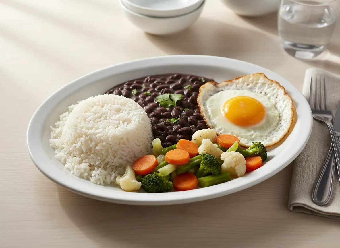 Prato feito brasileiro com arroz, feijão preto, ovo e legumes photo