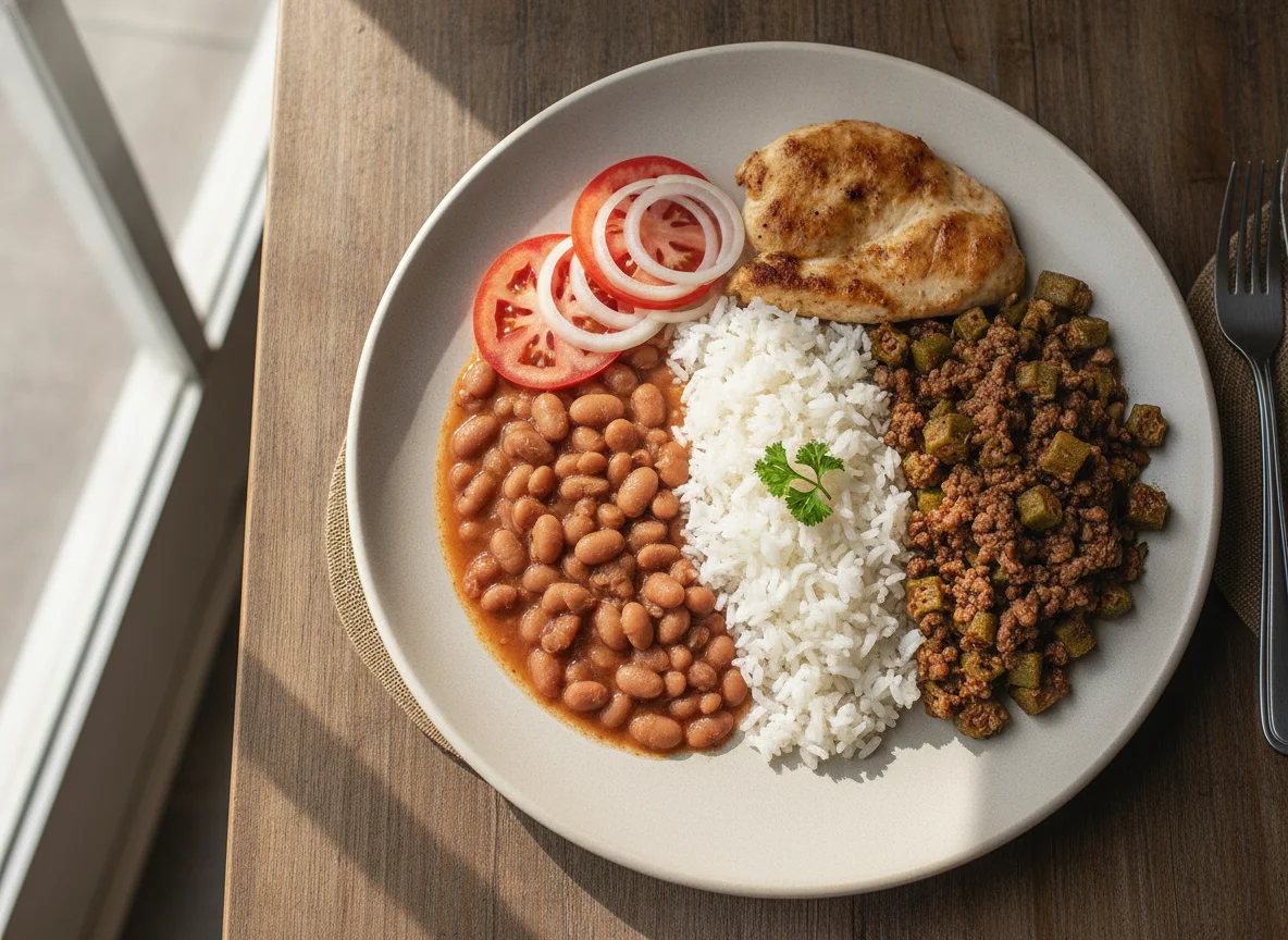 Prato feito brasileiro com arroz, feijão, quiabo e frango photo
