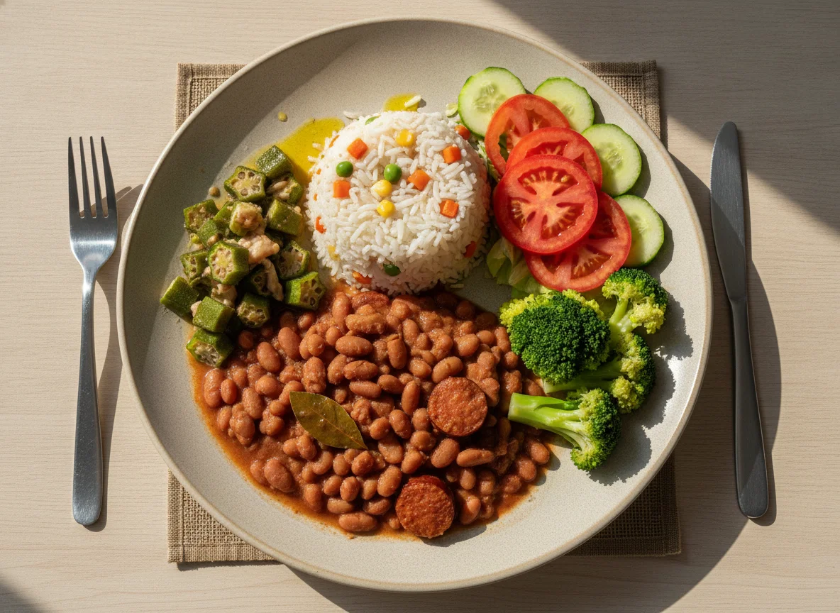 Prato feito brasileiro com arroz, feijão, quiabo e salada photo