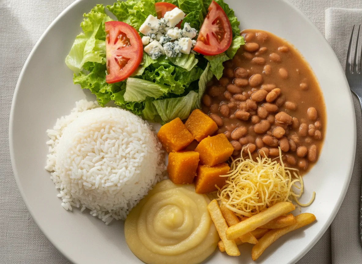 Prato feito brasileiro com arroz, feijão, salada e acompanhamentos photo