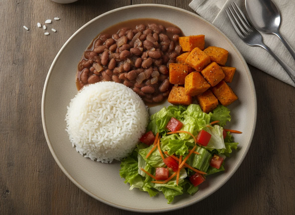 Prato feito brasileiro com arroz, feijão, salada e batata doce photo