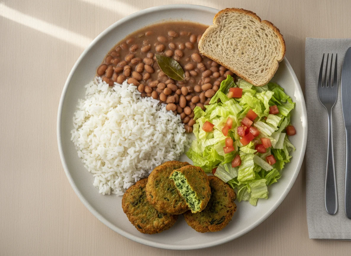 Prato feito brasileiro com arroz, feijão, salada e bolinhos photo