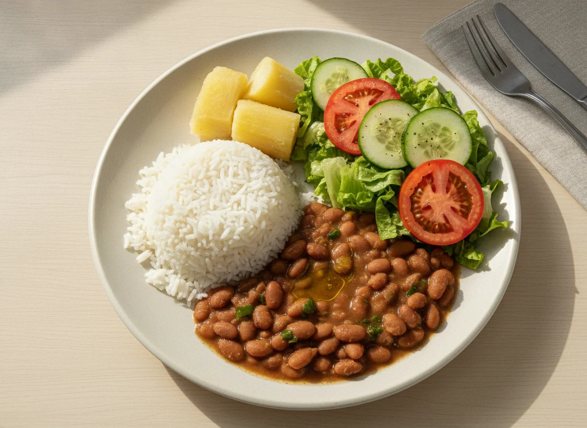 Prato feito brasileiro com arroz, feijão, salada e mandioca photo