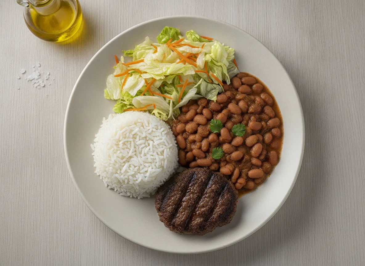 Prato feito brasileiro com arroz, feijão, salada e proteína photo