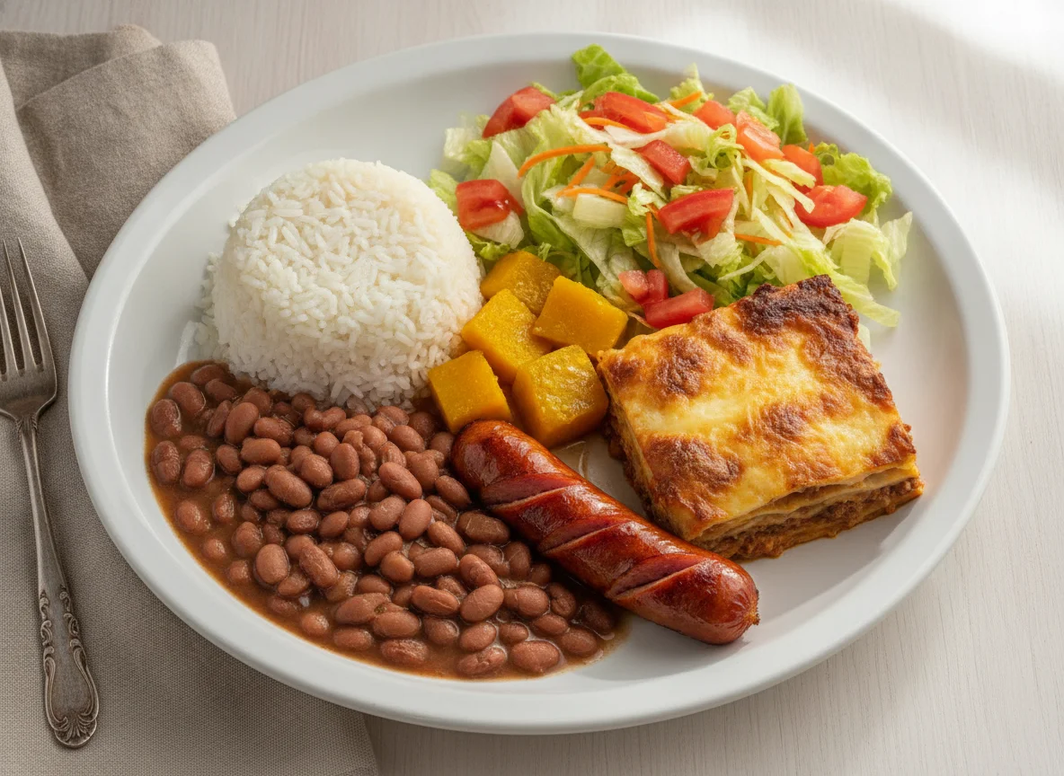 Prato feito brasileiro com arroz, feijão, salada, lasanha e linguiça photo