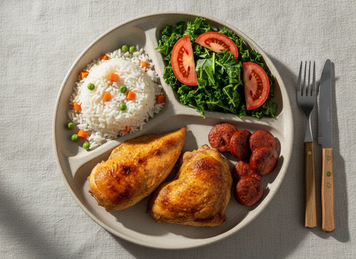 Prato feito brasileiro com arroz, frango assado e salada photo