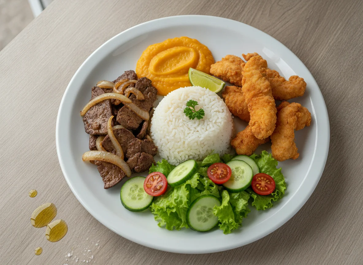 Prato Feito Brasileiro com Arroz, Frango Frito, Fígado Acebolado e Salada photo