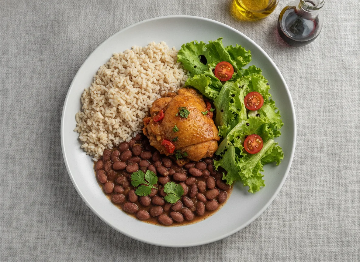 Prato feito brasileiro com arroz integral, feijão, frango ensopado e salada photo