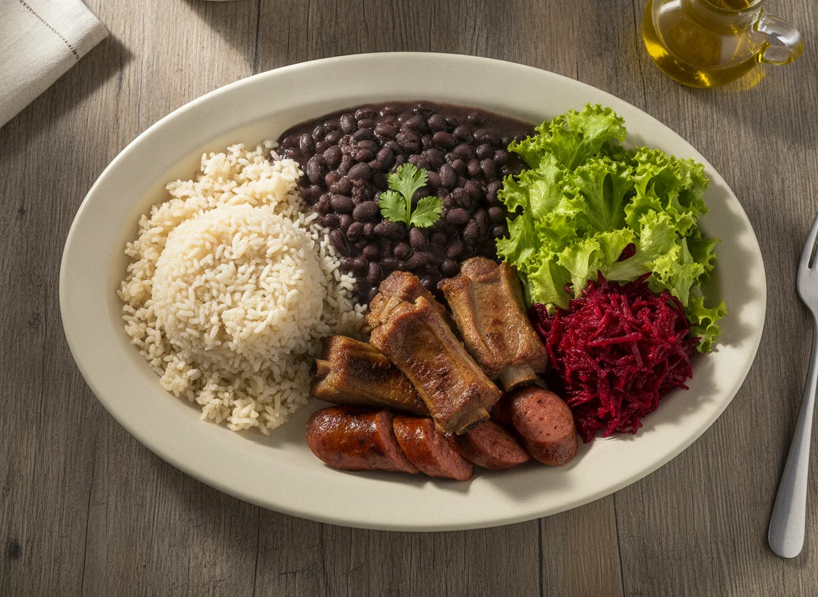 Prato Feito Brasileiro com Arroz Integral, Feijão Preto, Carne de Porco e Salada photo