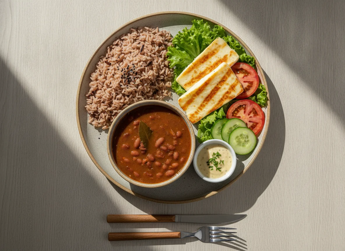 Prato feito brasileiro com arroz integral, feijão, queijo coalho e salada photo