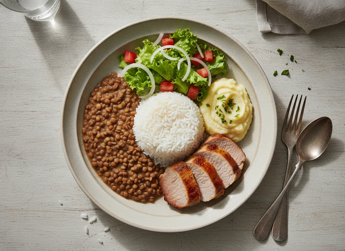Prato feito brasileiro com arroz, lentilha, carne de porco e salada photo